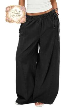 Low Rise Wide Leg Palazzo Pants Knit Drawstring Beach Summer Women's